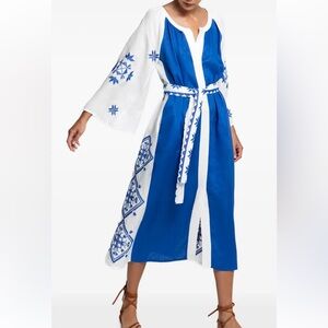 Greek Archaic Kori Lefkada Belted Midi Dress in Blue and White Medium